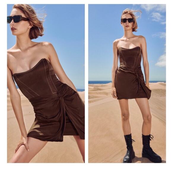 Zara Brown TopStitch Strapless Satin Draped Mini Dress Size Large Corset Bustier - Picture 2 of 15